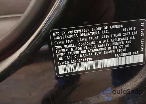 2013 Volkswagen Passat 2.0L Tdi Sel Premium from USA, damaged, VIN 1VWCN7A39DC146639